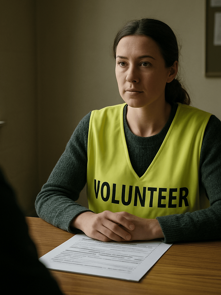 Documentary wide shot, a female volunteer agent in official identification vest seated across from an unseen person at a community support desk, official documents on the table, natural window light from the left, institutional environment, no faces of clients visible