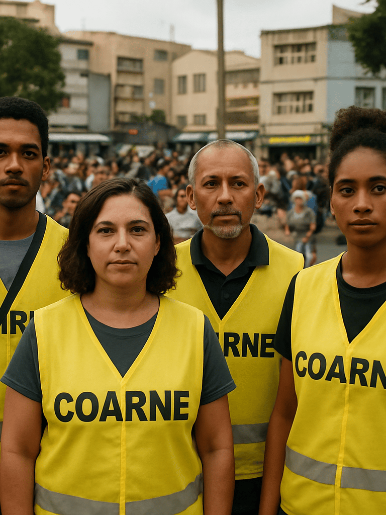 Wide documentary shot, COARNE volunteer agents in official identification vests gathered at a community outreach event in a Brazilian urban square, documentary daylight, agents facing the camera with calm authority, crowd visible in background, institutional presence clear
