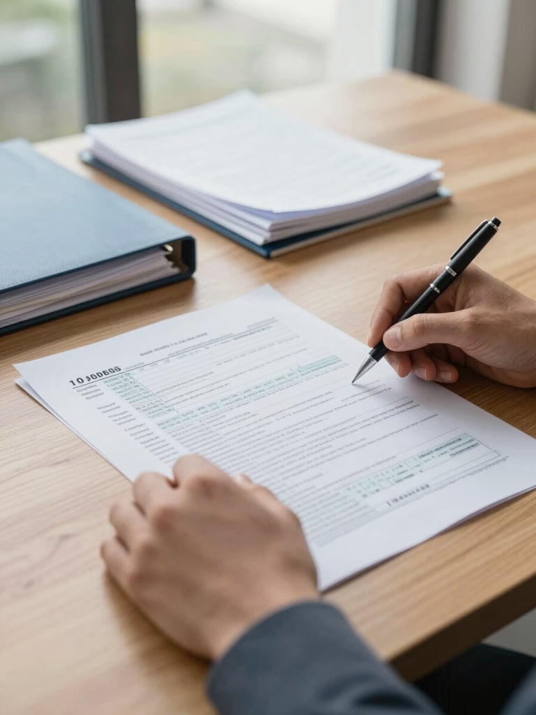 Close-up of hands carefully reviewing a printed tax document on a clean wooden desk, natural daylight from a nearby office window, organized folders and papers visible in soft background