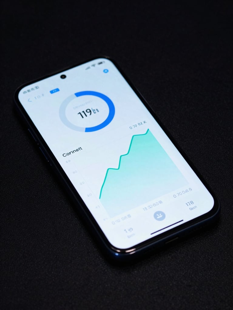 Macro flat-lay of a modern Android smartphone displaying a clean, high-contrast performance telemetry dashboard. Cool blue and cyber-mint digital backlighting, sharp focus on a crisp graph, dark background.