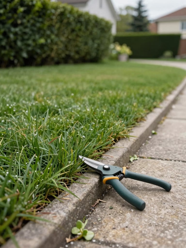 Close-angle shot of freshly cut lawn edging along a stone path in a residential community, hedge line trimmed straight in the background, natural overcast daylight, no people, gardening shears resting on the stone border