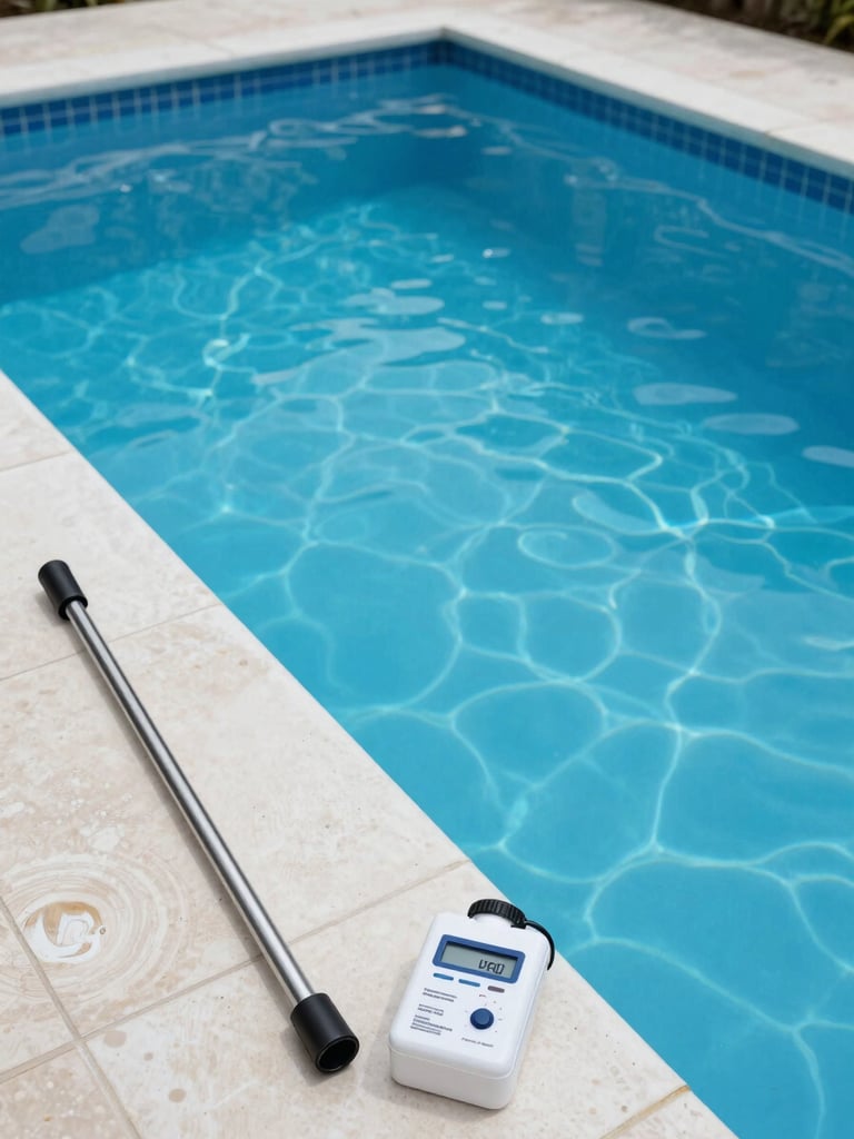 Angled overhead shot of a residential pool with crystal-clear blue water, maintenance equipment — telescopic pole and chemical testing kit — resting on the pool deck edge, bright overcast daylight, no people, clean tile grout visible along the waterline