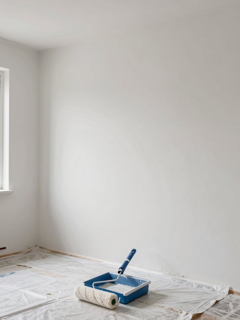 Wide shot of a freshly painted interior wall in neutral white, roller tray and paint roller resting on protective floor sheeting in the foreground, bright north-facing window light, no people, clean finish visible at the wall-ceiling junction