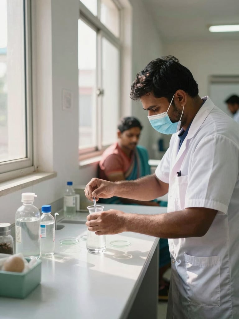 An authentic documentary photograph of a health worker analyzing water samples in a clean, modern public health facility with natural daylight streaming through a window.