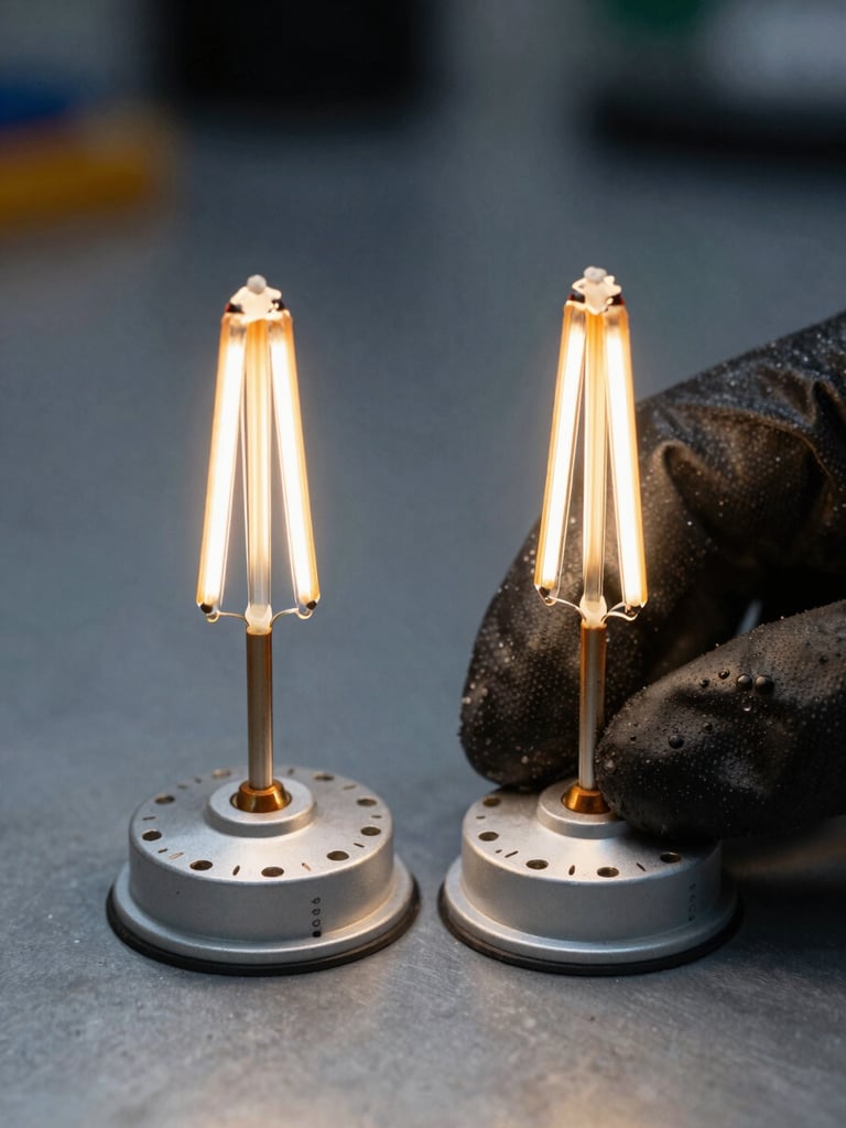 Macro close-up of two UV lamp bases side by side on a grey metal surface, diffuse cool studio lighting revealing filament geometry and base pin markings clearly, engineer's gloved hand positioning one lamp for comparison, technical context