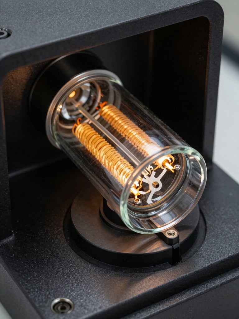 Extreme close-up of a UV lamp base and quartz envelope installed in a PCB exposure unit, diffuse cool studio light rendering the filament coil geometry and electrode pins in sharp detail, dark metal housing framing the lamp, no people