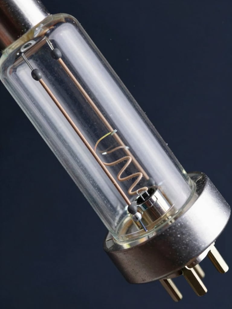Macro close-up of an industrial UV lamp base and filament coil, shot from the left edge of frame, diffuse cool studio lighting rendering the quartz envelope and electrode geometry with precision, dark navy background, lamp base pins sharply in focus, filament spiral visible mid-depth