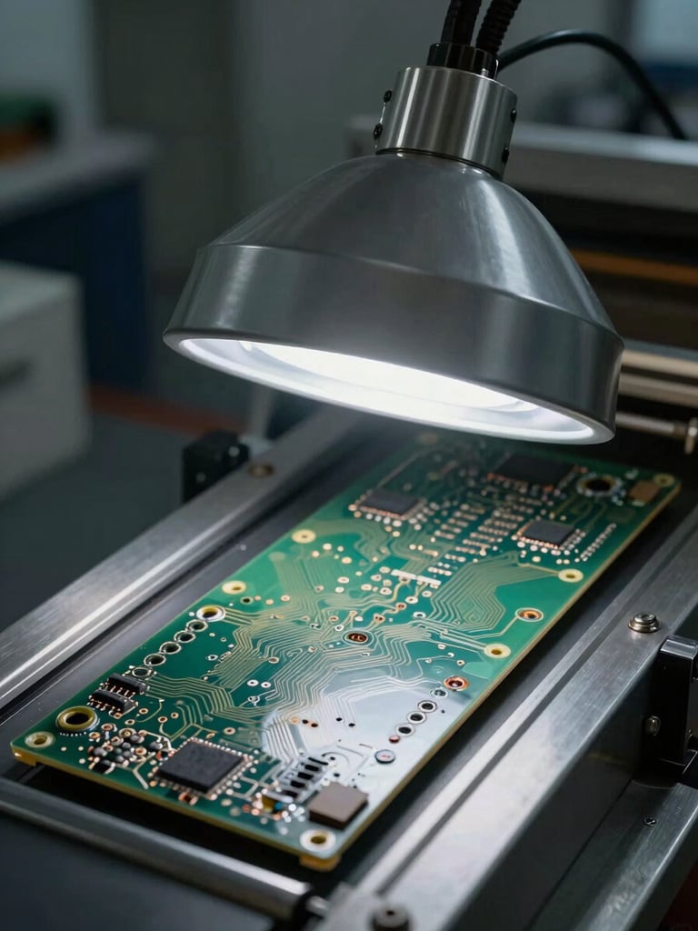 Tight overhead view of a UV curing lamp tube positioned above a conveyor belt carrying coated circuit boards, cool diffuse light revealing the lamp's quartz tube and electrode terminations, industrial metal housing visible at edges, no people
