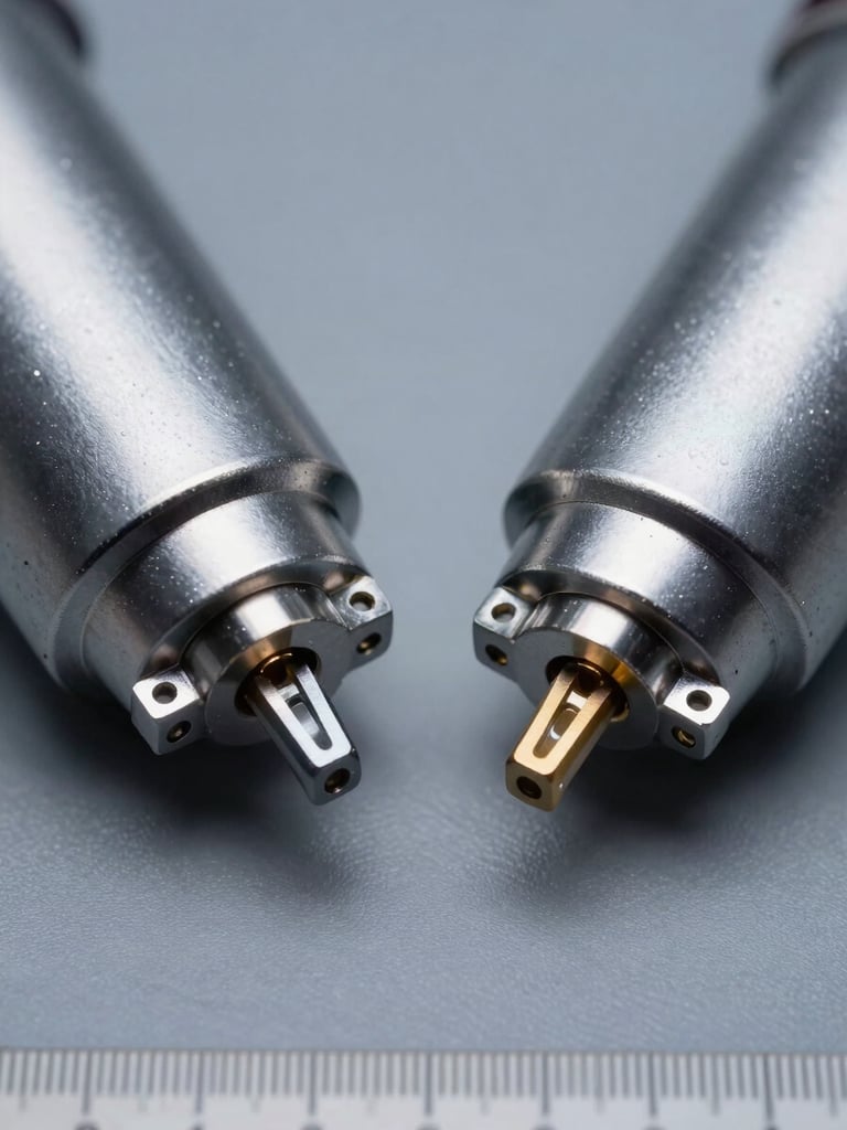 Tight macro overhead shot of two UV lamp bases side by side on a matte grey surface under diffuse cool studio light — base pin geometry and electrode markings in crisp focus, lamp bodies extending out of frame, technical reference ruler visible at bottom edge