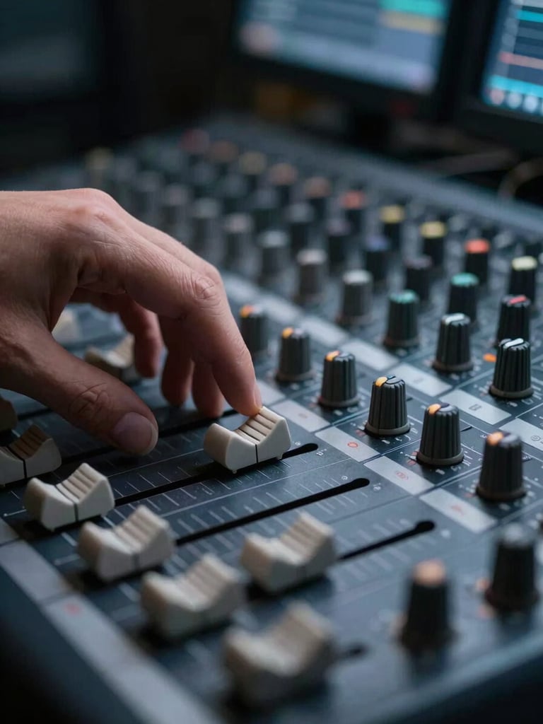 Extreme close-up of fingers resting on a mixing console fader bank, low available light from a monitor screen casting cool blue on the hardware, dark studio environment, shallow depth of field
