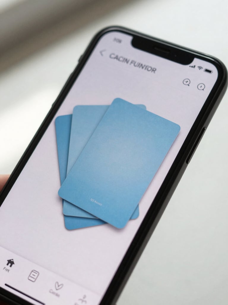 Close-up of a smartphone screen displaying a photo evaluation interface with soft blue cards and rounded corners, held at a slight angle against a bright white surface, soft daylight from the left, tight product framing