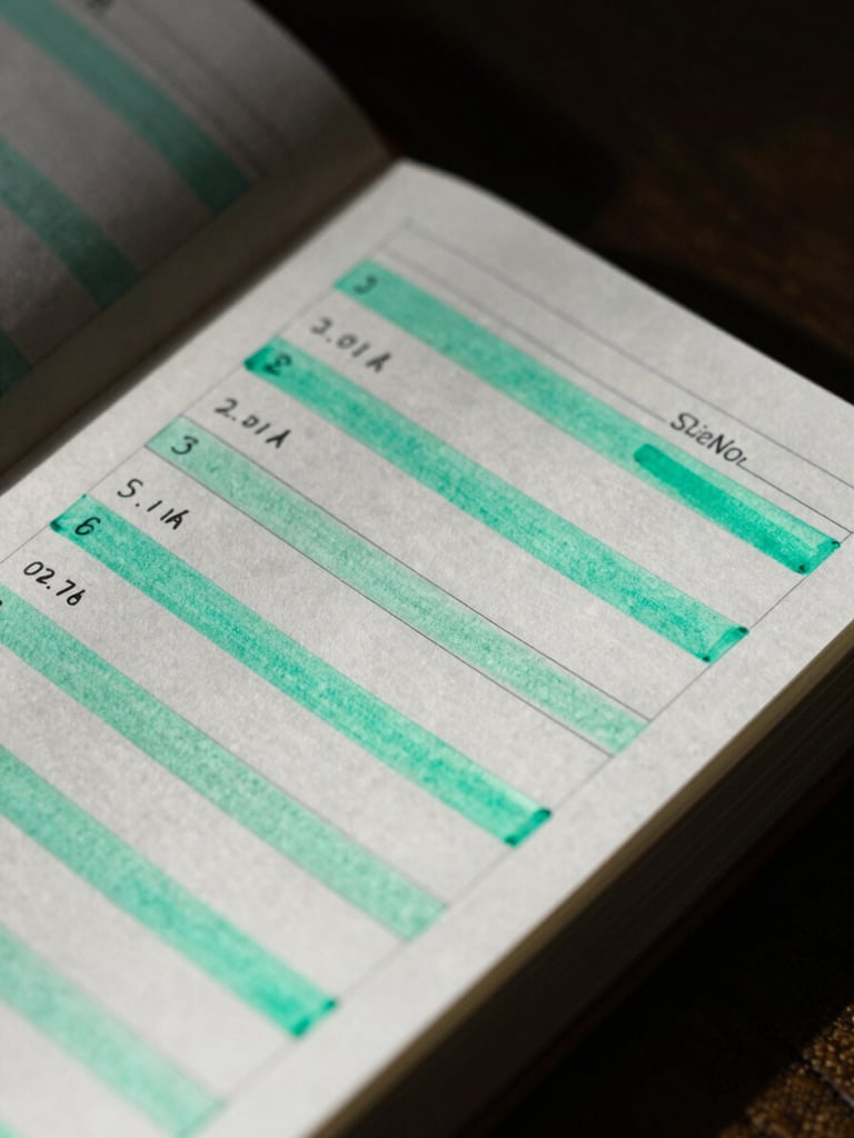 Extreme close-up of a physical planner with hand-drawn progress bars, high-contrast moody lighting, deep shadows, electric mint ink accents, sharp focus.