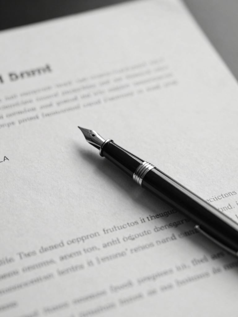 Elegant close-up of a fountain pen resting on structured legal documents, soft overcast daylight, desaturated black and white, elegant corporate aesthetic, 35mm