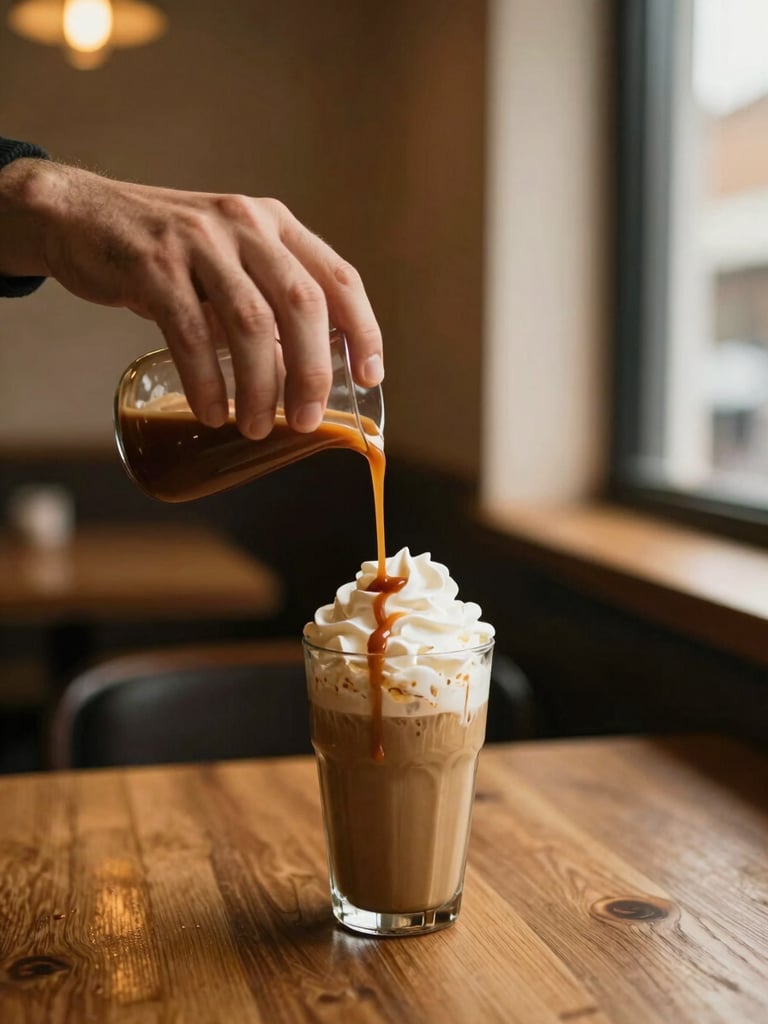 Tactile medium shot of Hunter pouring caramel drizzle over a tall glass of coffee with whipped cream, warm ambient indoor lighting, cozy wooden textures, shallow depth of field.
