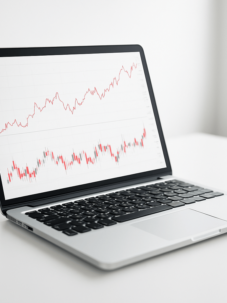 Macro shot of a sleek laptop displaying clean financial charts on a white desk, bright daylight, minimal composition with generous negative space, high-key lighting, sharp focus