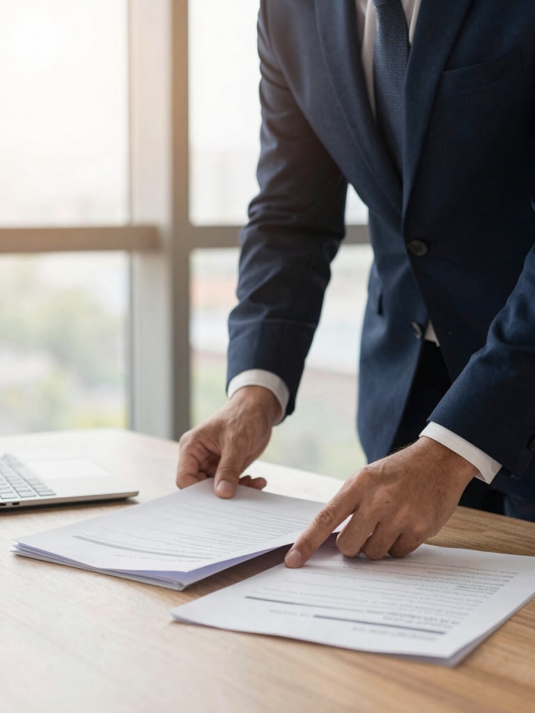 Welcoming professional lawyer in a modern, bright office reviewing documents, soft natural window light, warm editorial photography, shallow depth of field
