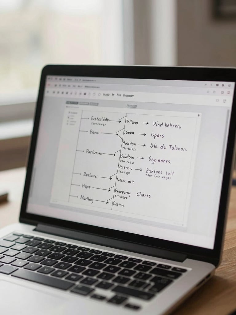 Close-up of a laptop screen displaying a workflow diagram with handwritten annotations on a printed spreadsheet beside it, natural office window light, desaturated warm tones, no people visible