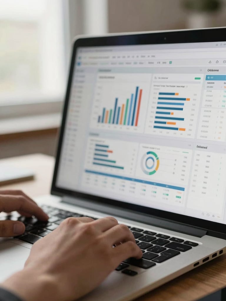 Close-up of a laptop screen showing a dense operations dashboard with real data — bar charts and tables mid-session, hands resting on keyboard, diffused natural office light from a window to the left, desaturated warm tones