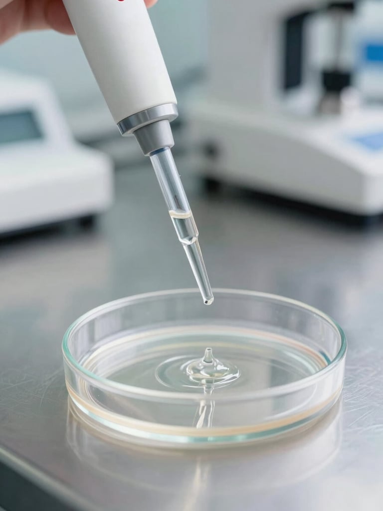 Macro close-up shot of a high-precision laboratory pipette dispensing liquid into a sterile petri dish, clinical high-key white lighting, pristine stainless steel industrial background.