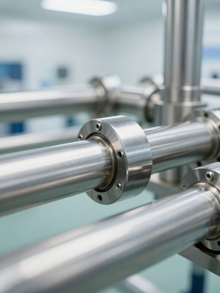 Macro shot of sterile stainless steel industrial pipe line, bright clinical lighting, high-key white highlights, ultra-clean environment.