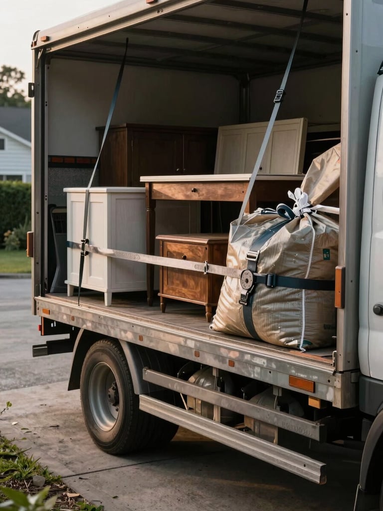Close-up of a truck bed loaded mid-haul with furniture and bagged debris, natural morning daylight, items being actively secured with straps, concrete driveway visible below