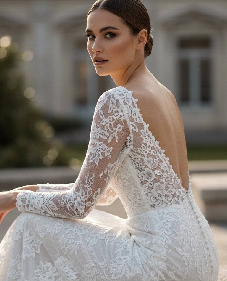 Bride wearing a long-sleeve lace wedding dress with an elegant open back design.