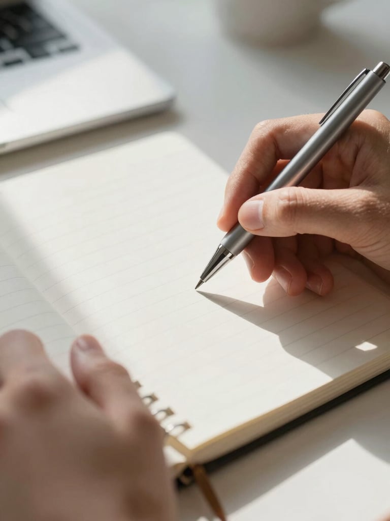 Macro close-up of hands holding a pen over a physical planner, soft diffused morning light, natural shadows, clean minimalist desk setup.