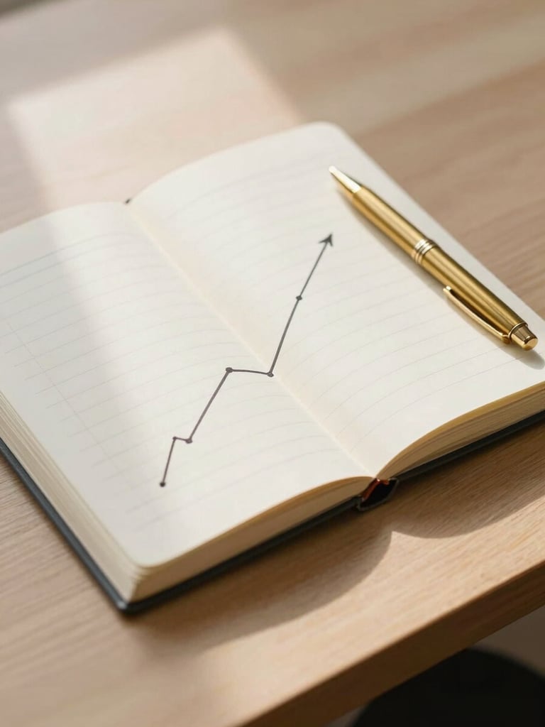 A clean, minimalist wooden desk in soft morning light. A physical notebook lies open with a neat hand-drawn upward-trending line chart, a brass pen resting beside it.