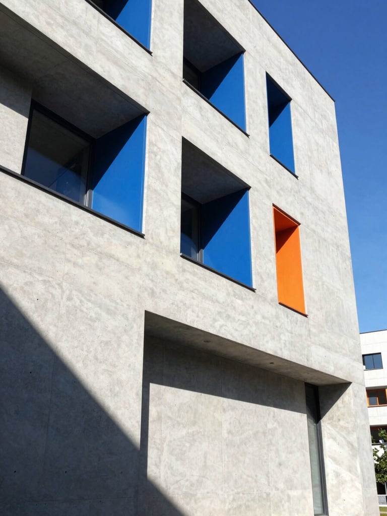 Wide angle view of modern concrete building facade with hard geometric shadows, bright direct sunlight, electric blue accents, 35mm architectural photography