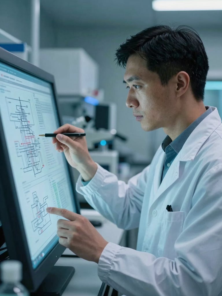 A professional bioengineer in a cleanroom setting, analyzing technical schematics on a transparent screen, cool clinical lighting with subtle blue highlights, professional portrait, sharp focus.