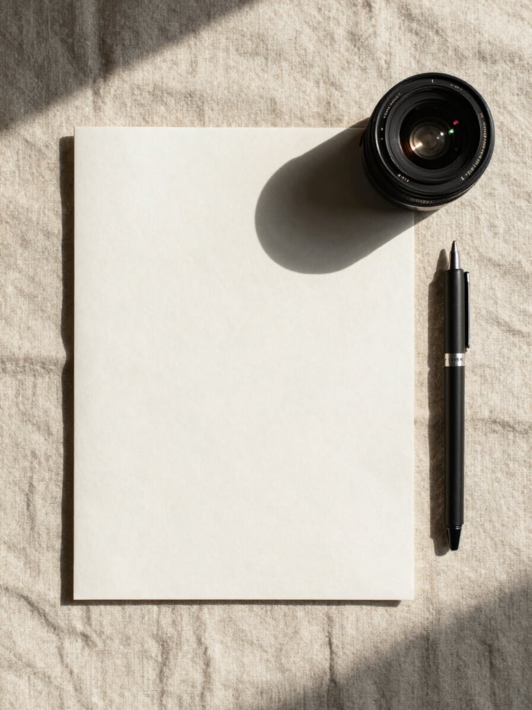 High-angle flat lay of minimalist stationery on textured linen paper, soft natural shadows, warm daylight.