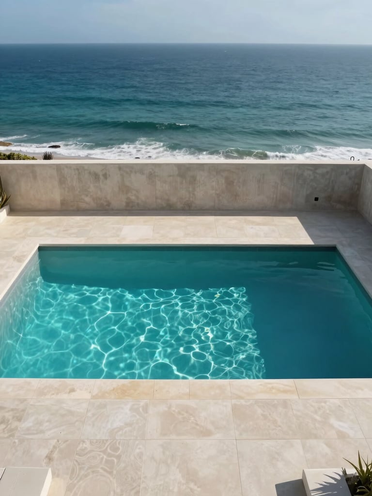 Overhead aerial view of a rectangular pool edge at a coastal Asila property, midday light, the Atlantic sea horizon clearly visible beyond the pool's far wall, architectural concrete and tile geometry, no people