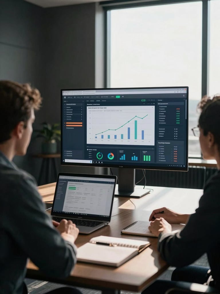 Wide environmental shot of an executive reviewing a digital analytics dashboard at a large monitor in a dark-toned boardroom, side lighting from a tall window casting precise shadows across a polished desk surface, laptop and notebook open in the foreground, deep focus on the screen data