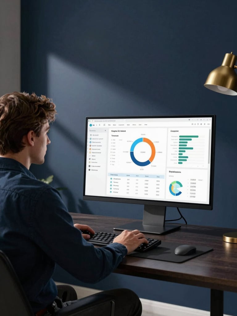 Wide environmental shot, business owner seated at a dark executive desk reviewing a digital analytics dashboard on a large monitor, clean studio lighting from the left casting sharp shadows, deep navy wall behind, gold desk lamp accent in the far corner, high production value