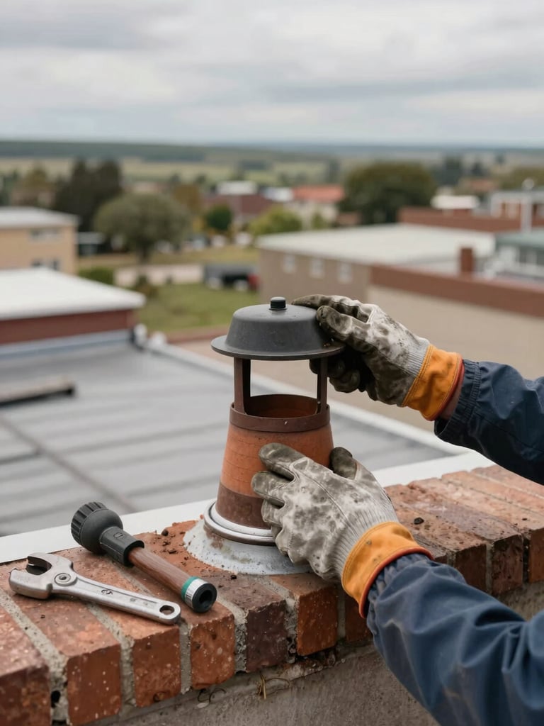 Wide environmental shot from a rooftop, a chimney cap being reinstalled by gloved hands, tools resting on the brick shoulder beside it, overcast natural daylight, Canyon County roofline visible in the background below