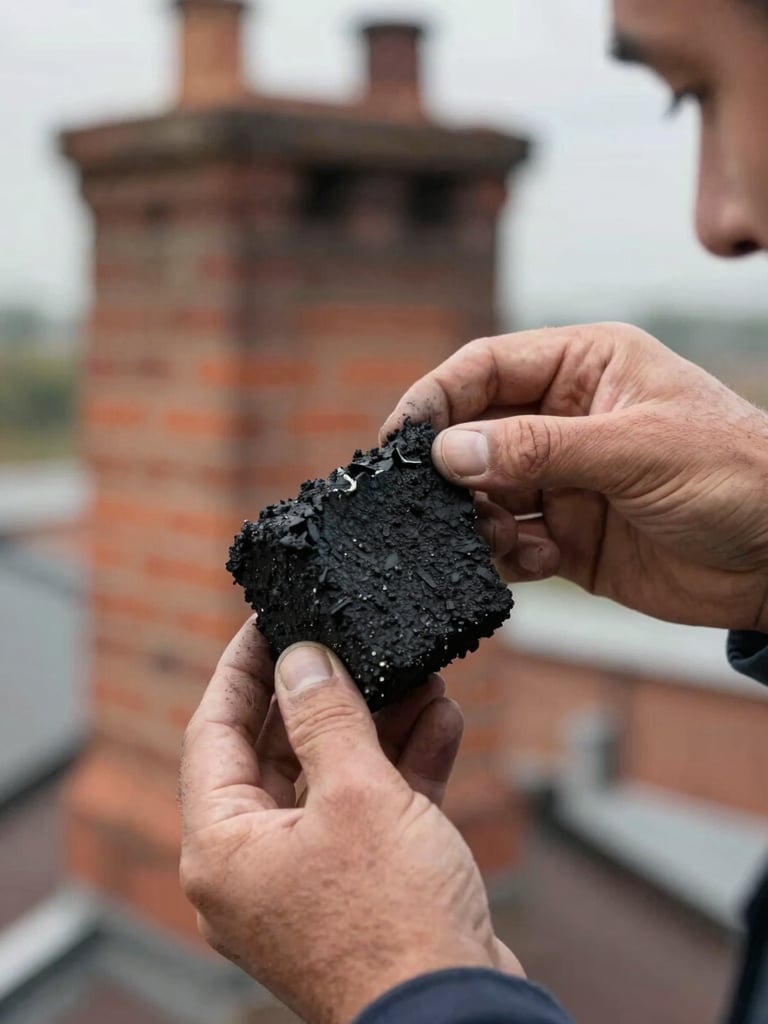 Close-up documentary shot of a technician's hands holding a creosote sample chunk removed from a flue, rough black carbon surface visible in detail, natural daylight from a nearby rooftop opening illuminating the texture, brick chimney exterior visible in soft focus background
