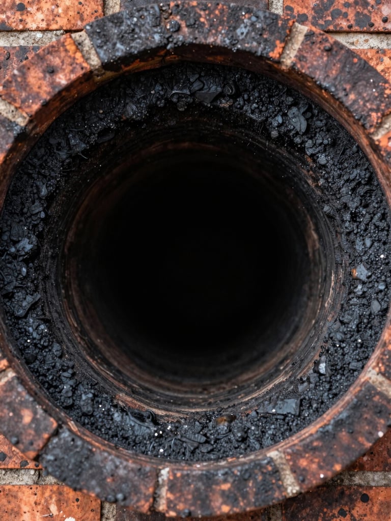 Extreme close-up looking straight down into a dark brick chimney flue, thick black creosote coating the liner walls, natural daylight filtering from above, rough masonry texture visible at the rim edge