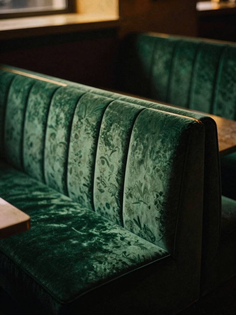 Moody close-up of empty emerald velvet booths bathed in soft golden spotlighting, warm ambient shadows, 35mm film style.