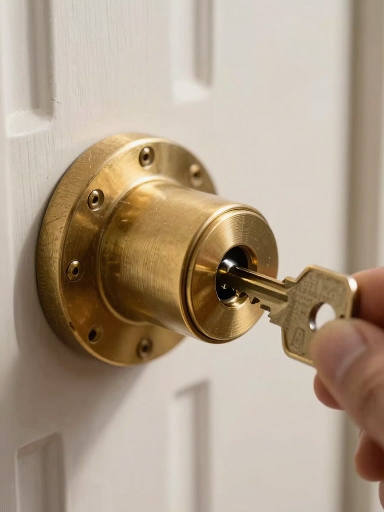 Macro close-up of a high-security brass lock cylinder, a key being precisely inserted, bright neutral daylight, clean natural shadows, architectural door edge background, professional locksmithing precision.