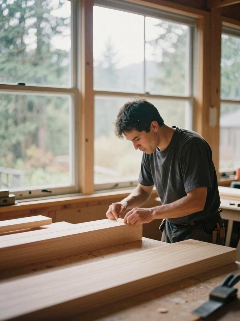 A professional carpenter in a cedar-trimmed workshop in Vancouver Washington, examining a clean joint under soft morning window light, warm wood tones, 35mm film