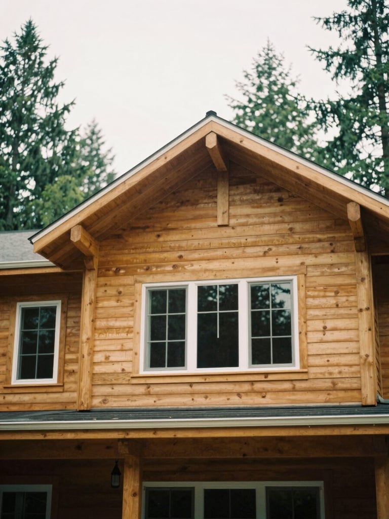 Close-up of a clean cedar-sided Pacific Northwest craftsman home under soft overcast daylight, focus on architectural details, 35mm film