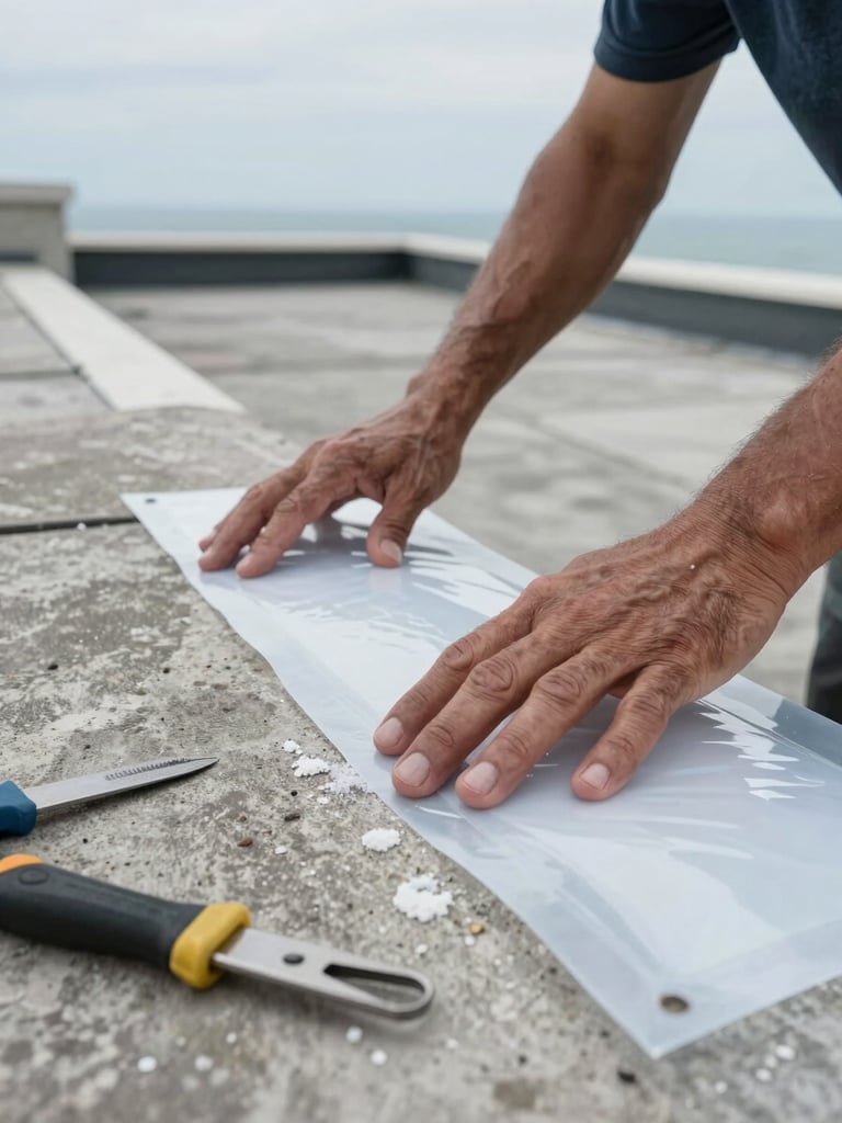 Close-up of weathered hands pressing a waterproof membrane sheet onto a flat roof edge, overcast coastal daylight, salt-bleached concrete surface visible, tools laid to the side