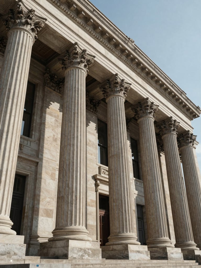 Low-angle architectural view of a neoclassical sovereign financial institution, strong structured stone columns, deep shadows, crisp daylight, formal and commanding composition.