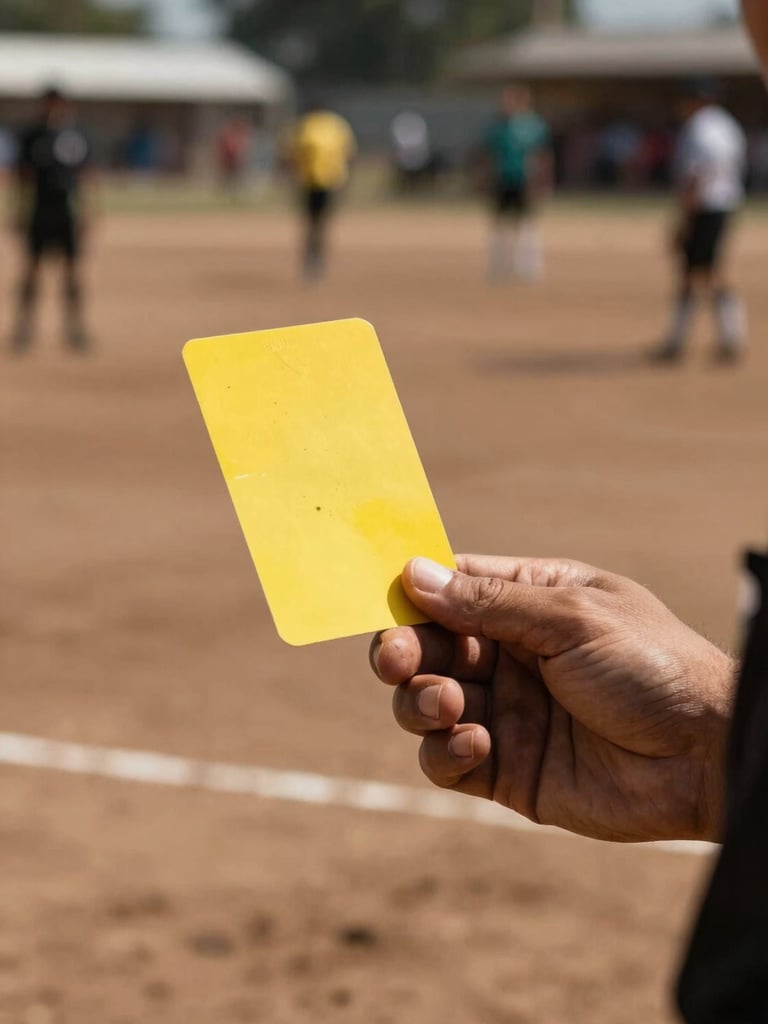 Tight close-up of a referee's hand holding a yellow card against a blurred background of a packed dirt field, harsh lighting, high contrast, gritty street-sport aesthetic.