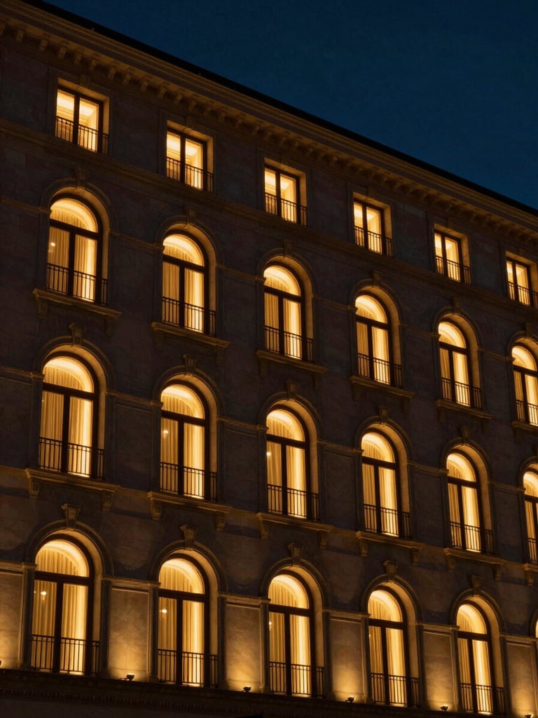 Dramatic architectural detail of a luxury boutique hotel facade at golden hour, warm ambient light glowing from arched windows against a deep navy twilight sky.