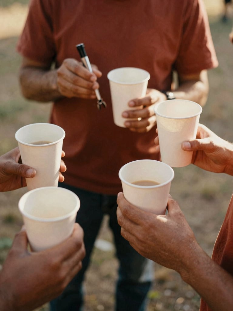 Close-up shot of hands holding tools and coffee cups during a community outreach project, warm natural golden-hour light, rich terracotta and sand tones, candid 35mm film feel.