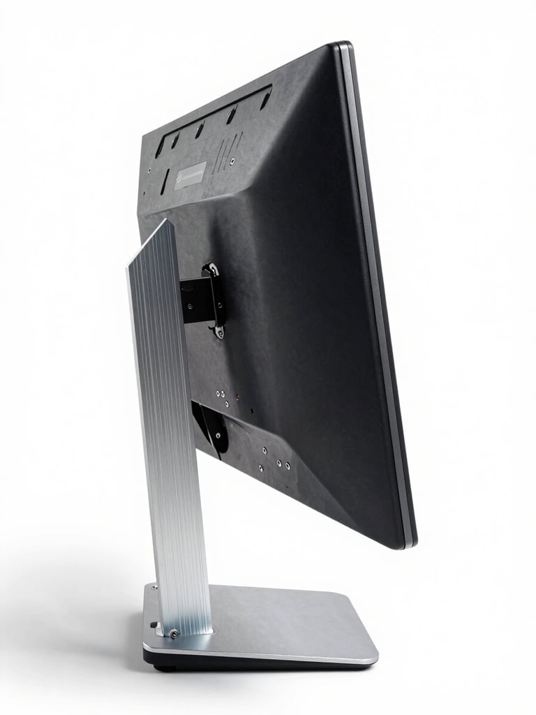 Eye-level profile of a dismantled aluminum monitor stand, exposing internal screws and metal thickness, stark white background.