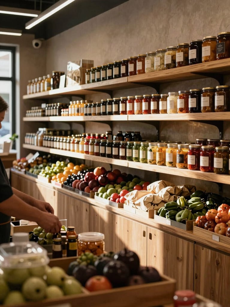 Wide interior of a modern food market, afternoon north-facing light streaming across wooden shelves lined with artisan jars and wrapped produce, a market worker's hands arranging items in the foreground, no faces visible, warm documentary tone