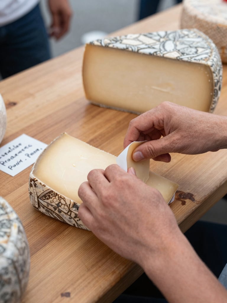 Overhead close-up of hands unwrapping artisan cheese on a wooden market counter, soft north-facing daylight, a small handwritten producer label visible beside it, documentary framing
