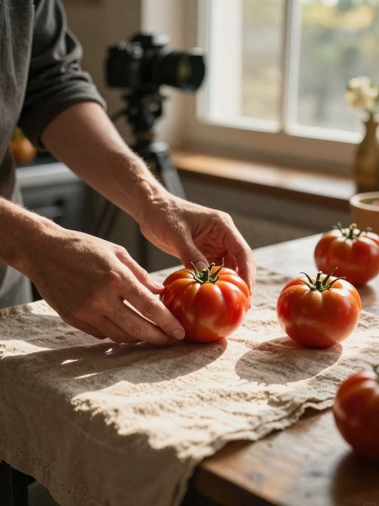 Hands arranging heirloom tomatoes on a rough linen cloth near a restaurant kitchen window, golden afternoon light raking across the surface, a camera visible out of focus in the background on a tripod